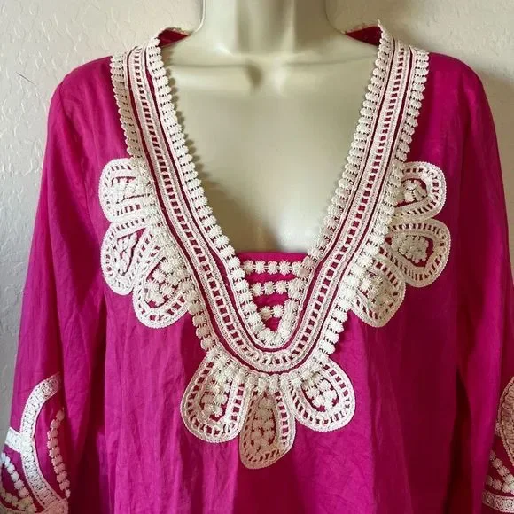 Cute J. Crew NWT Corded Trim Short Hot Pink Tunic Embroidery Dress Beach Pool - Picture 9 of 10